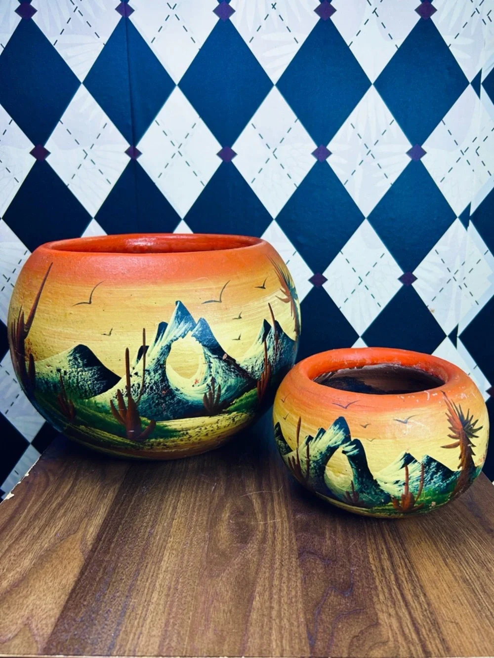 1970s Mexican Desert Landscape Planters Hand Painted Clay Pottery Southwestern - Picture 3 of 12